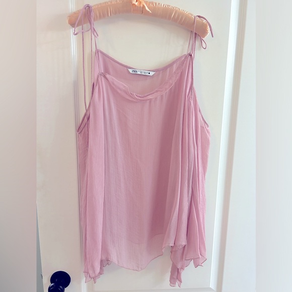 NWOT Zara super sheer blouse - flowy, shoulder tie - Pink - Med - Picture 2 of 5